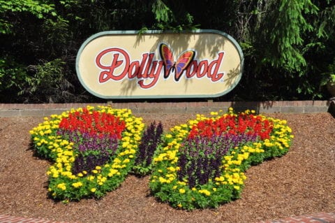 Flowers in the shape of a butterfly at the entrance to Dollywood.